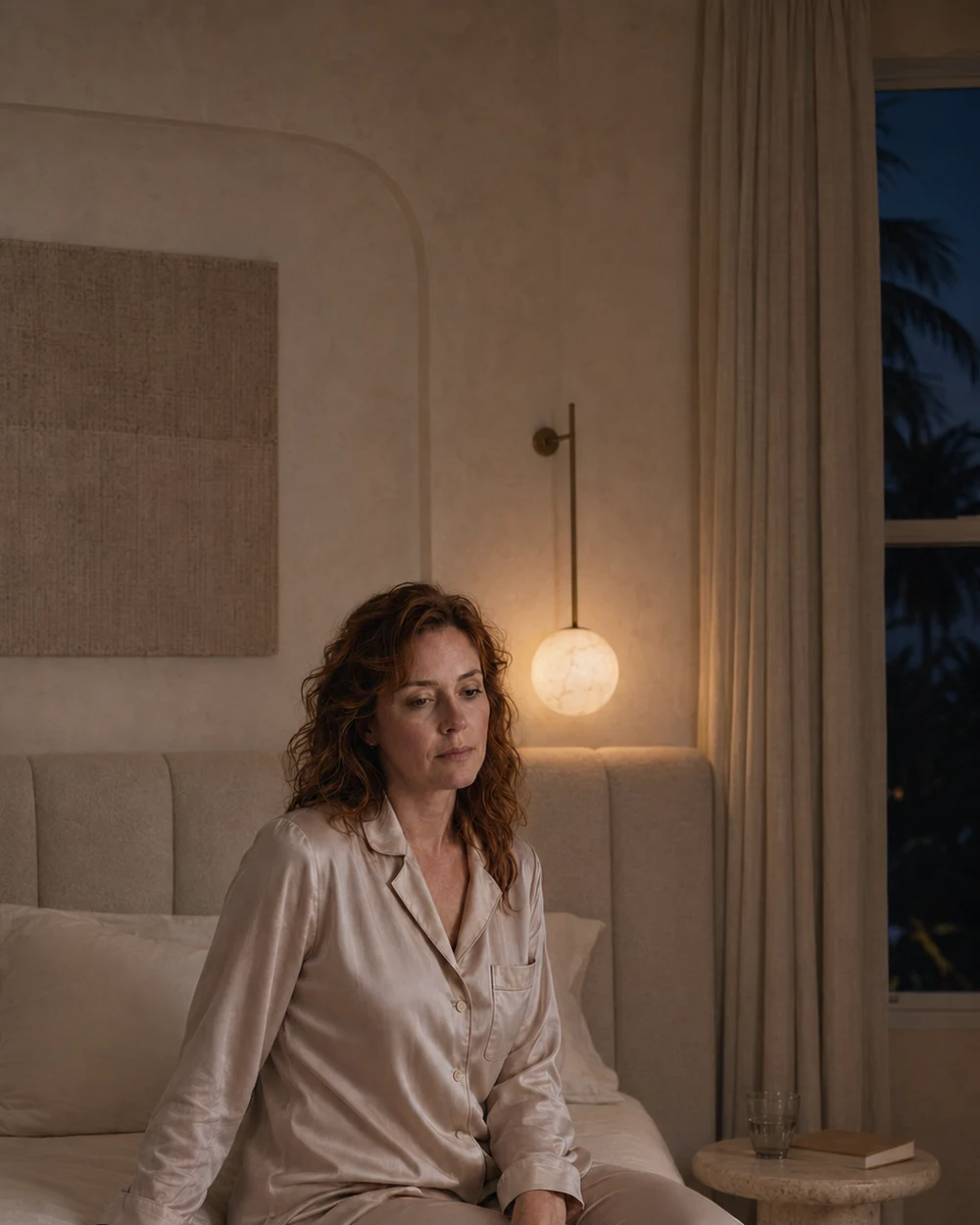 Professional woman awake in a quiet bedroom at night.