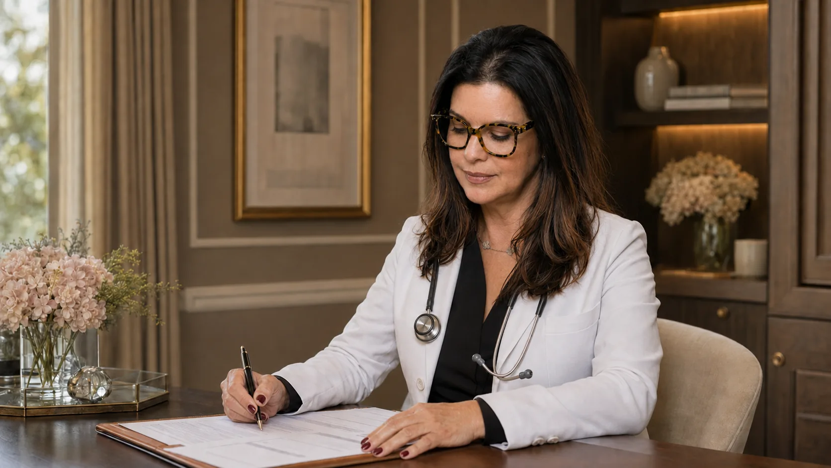 Mabel C. Rodriguez, PMHNP-BC reviewing clinical information in a private office.