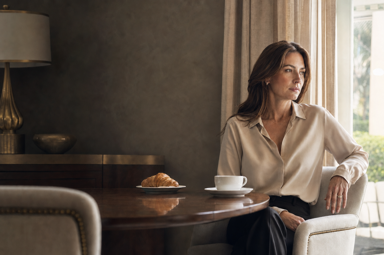 A woman sitting quietly by a window with a cup of coffee, looking out in thought